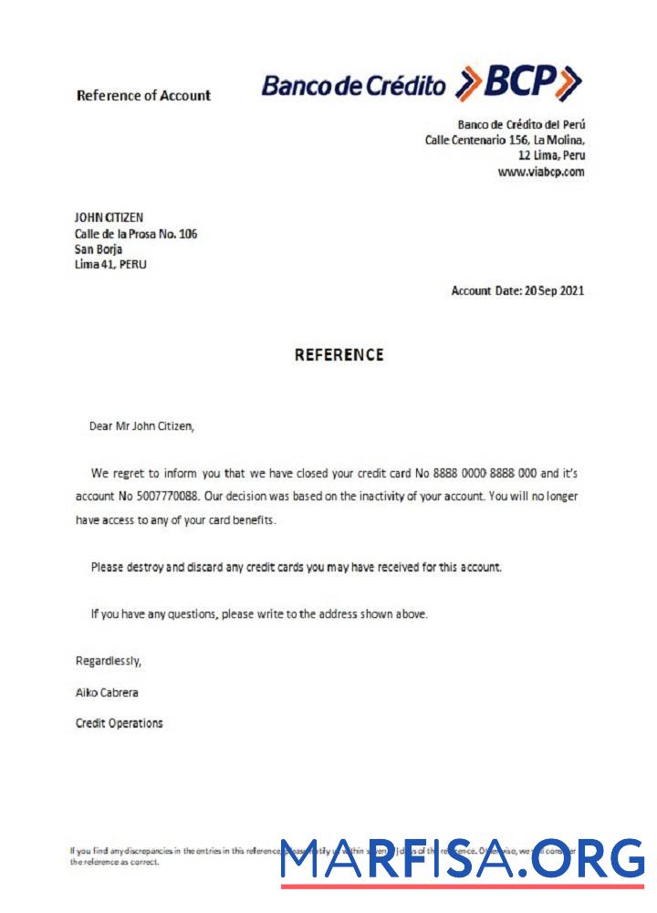 Downloadable Peru Banco de Credito closure reference example